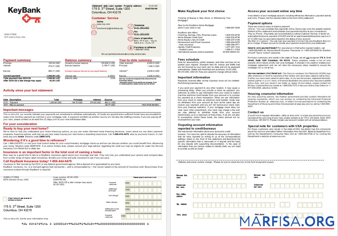 Realistic USA Ohio KeyBank bank mortgage statement in Word and PDF formats, 2 pages template